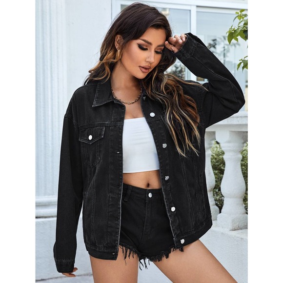 minimalist oversized Flap Pocket Denim Jacket black - Picture 4 of 5